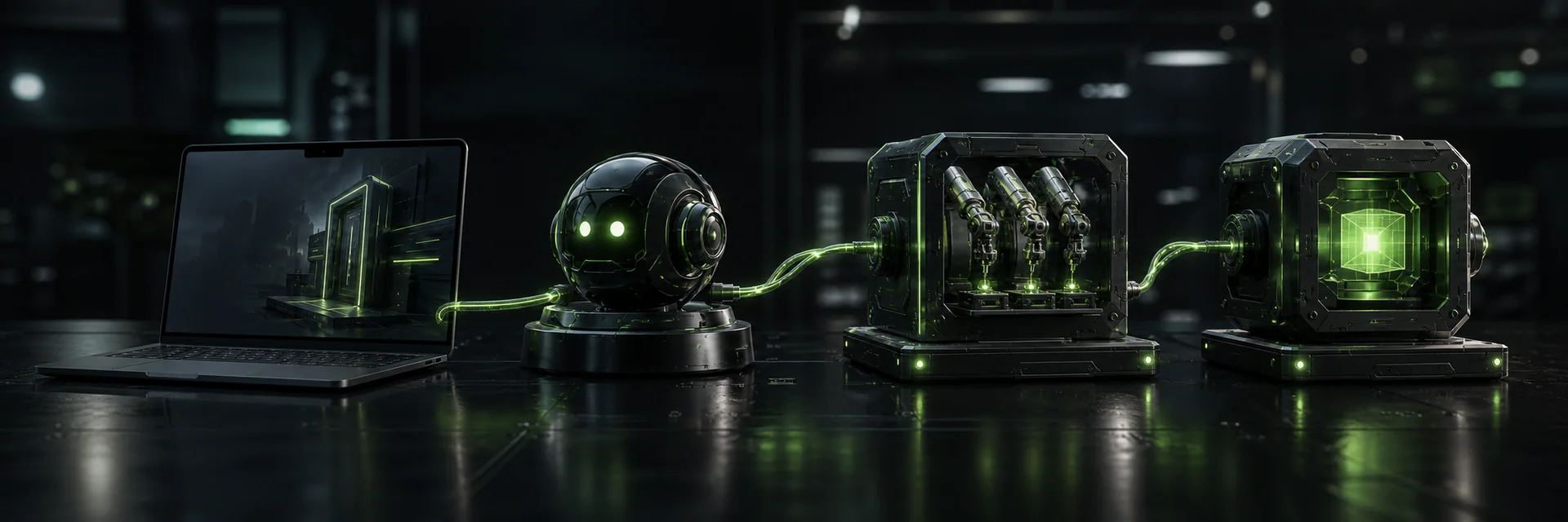 A website laptop, chatbot, automation module and AI agent core connected as one system