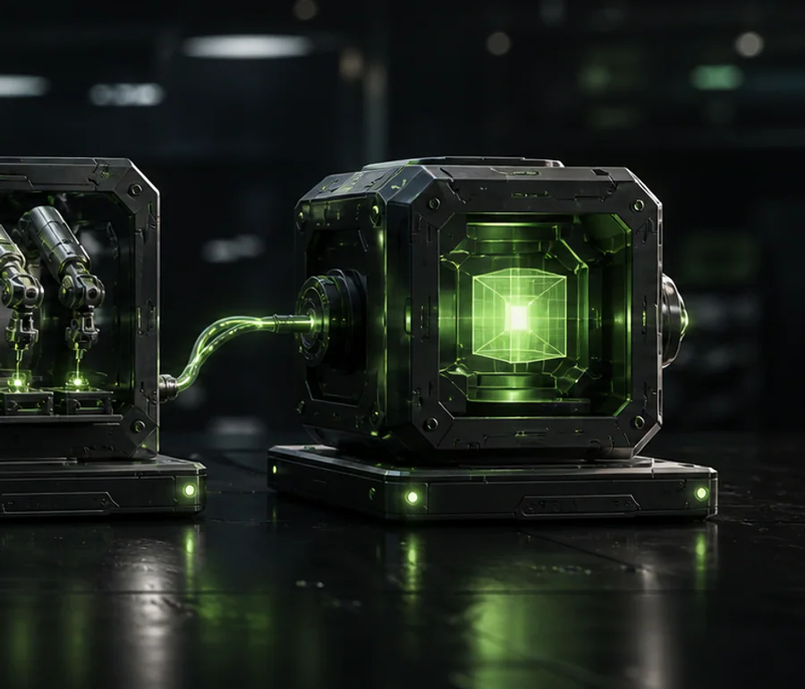 Precision AI agent core with an illuminated emerald glass cube